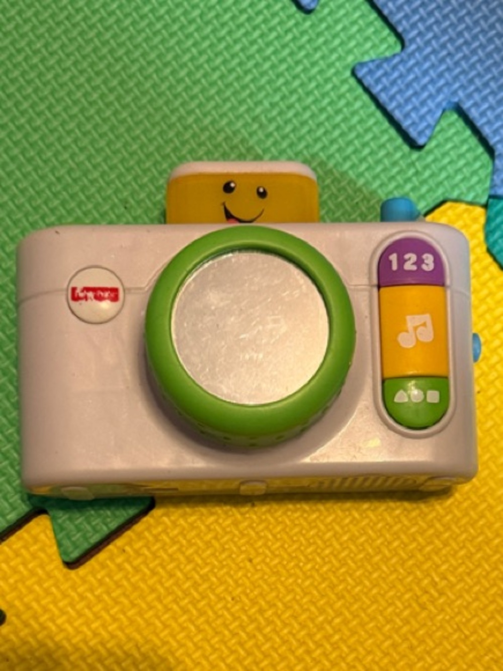 Fisher-Price White Toy Camera with Green Lens and Yellow Flash